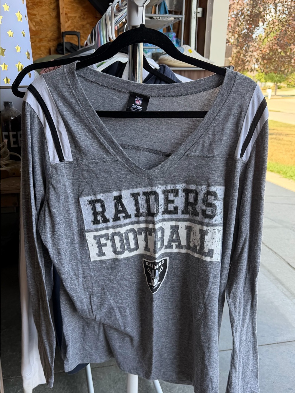 NFL Raiders Grey Long-Sleeve V-Neck Tee with Shoulder Stripes